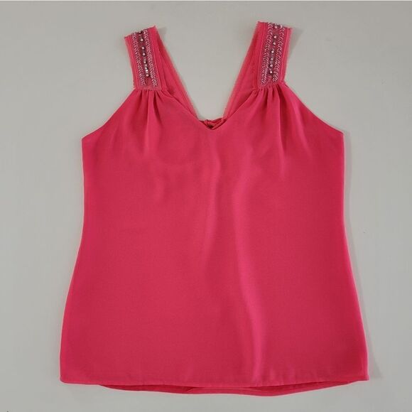 BKE Women's Deep Coral Embellished Chiffon Lined Lace-up Tank Blouse - Picture 11 of 13
